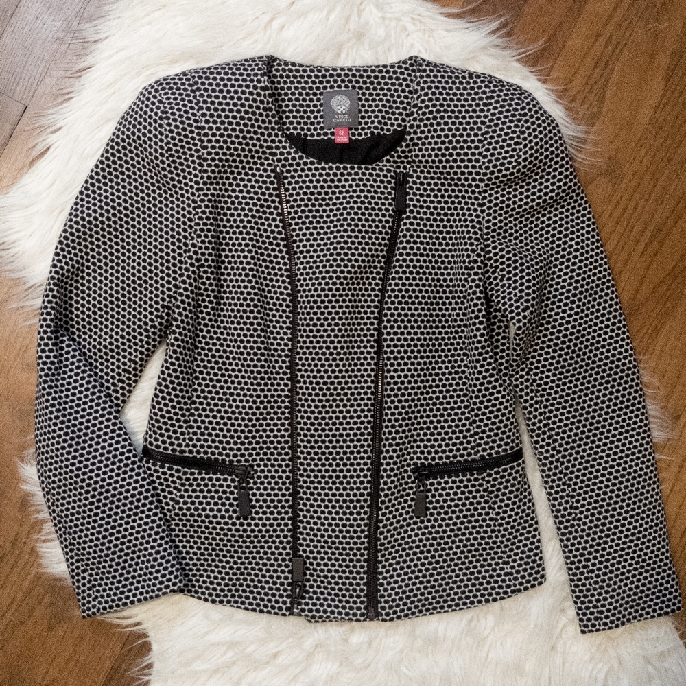 Vince Camuto White & Black Polka Dot Zip Up Blazer